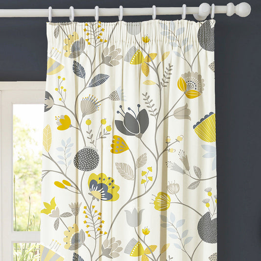 Scandi Floral Grey/Ochre Made to Measure Curtains