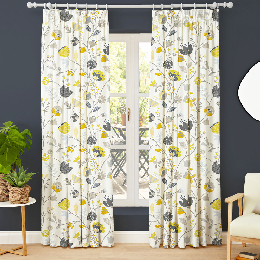 Scandi Floral Grey/Ochre Made to Measure Curtains