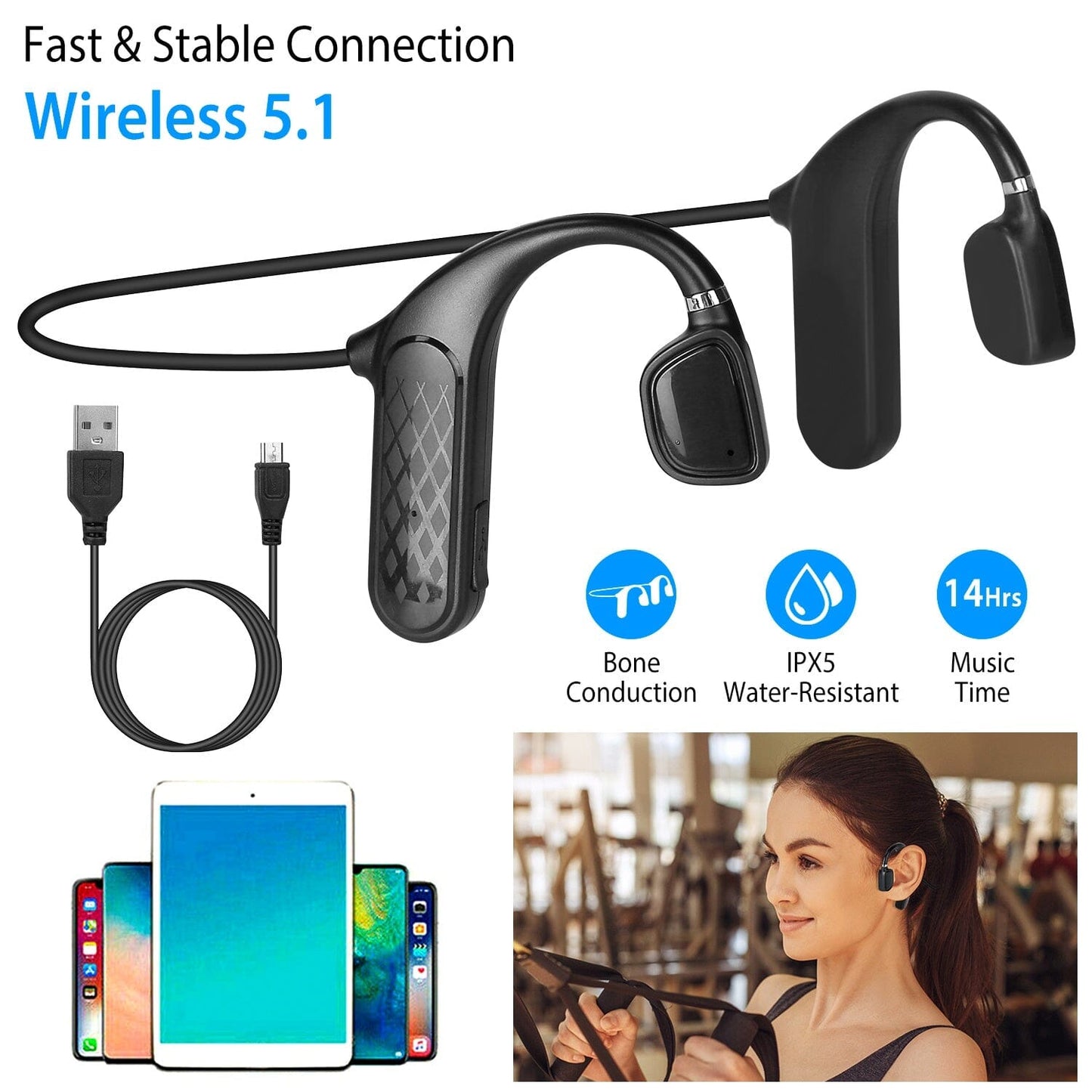 Wireless V5.1 Bone Conduction Earphones with Sensitive Mic