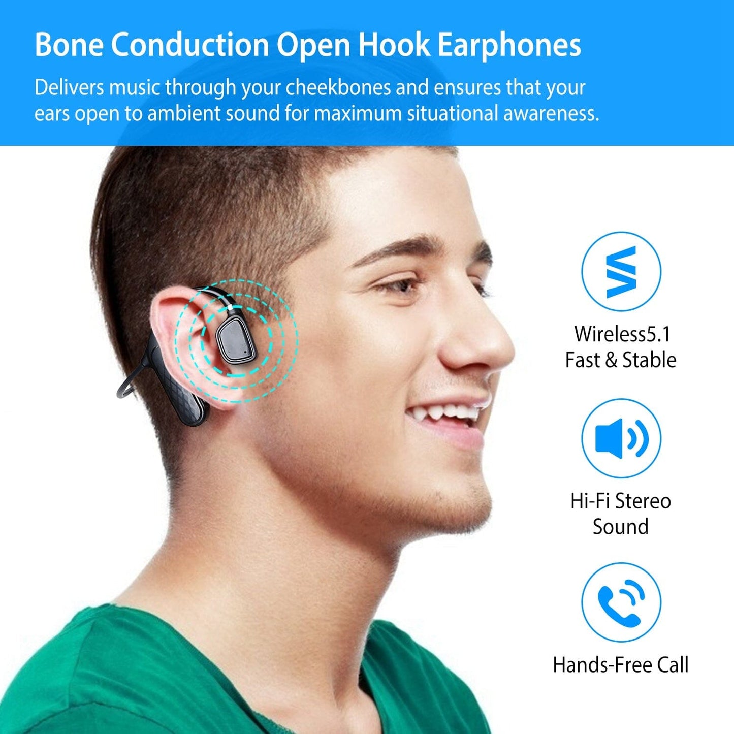 Wireless V5.1 Bone Conduction Earphones with Sensitive Mic