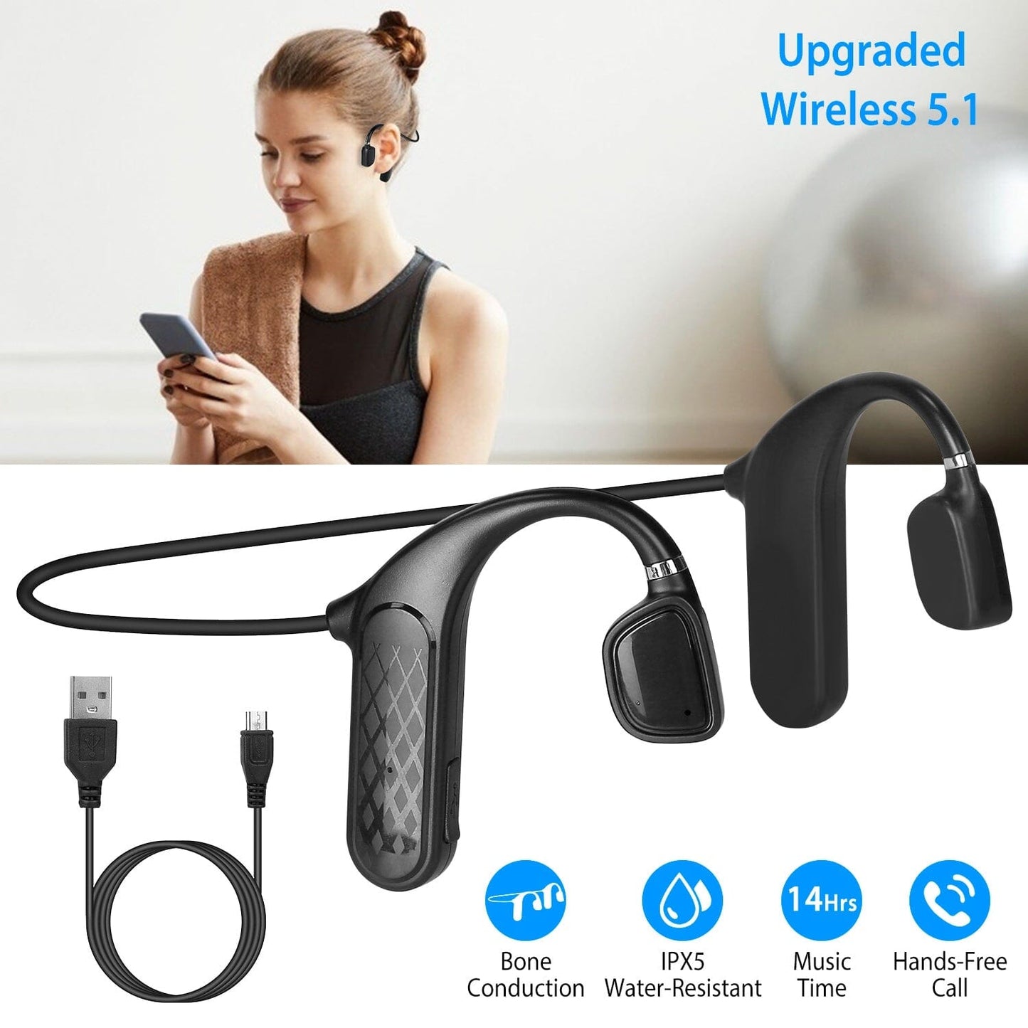 Wireless V5.1 Bone Conduction Earphones with Sensitive Mic