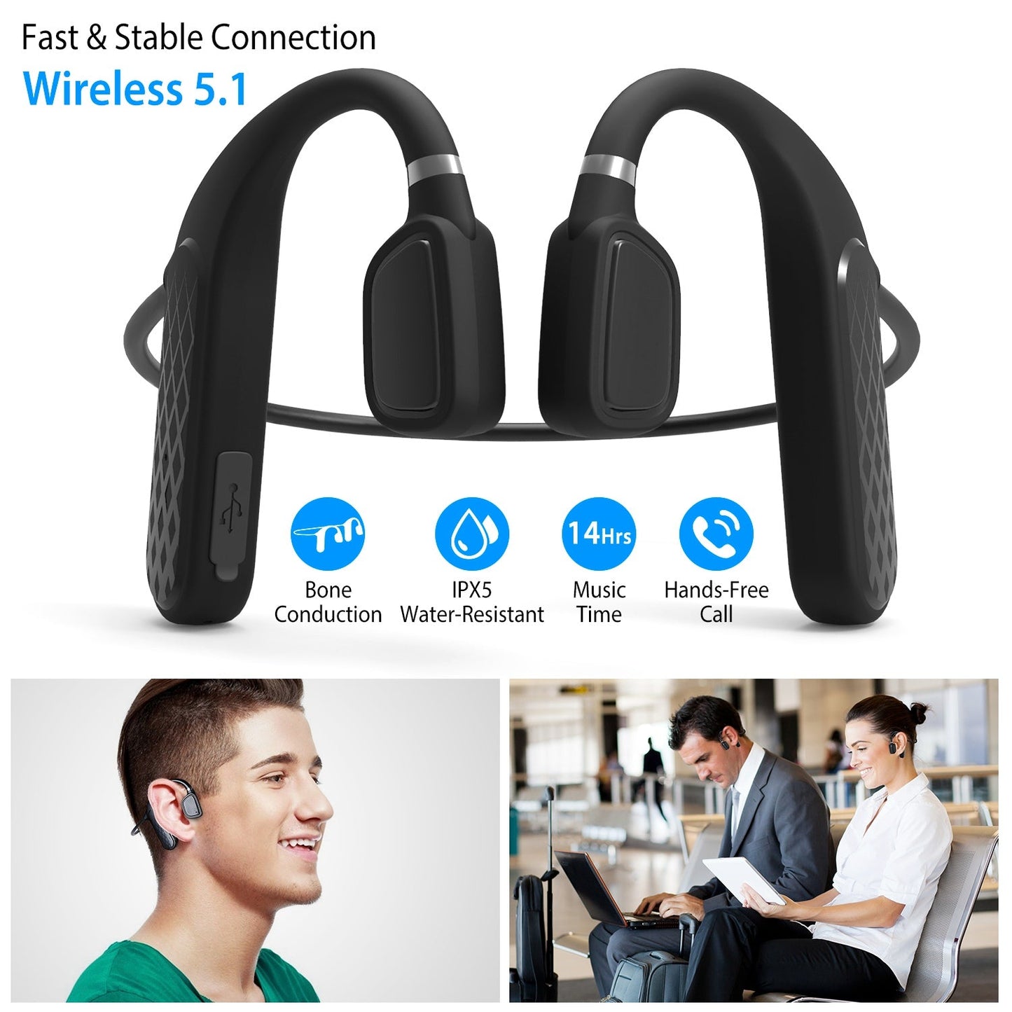 Wireless V5.1 Open-Ear Bone Conduction Earphones